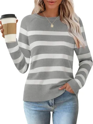 ZESICA Women's Long Sleeve Lightweight Striped Tops Fall Crewneck Ribbed Knit Shirts