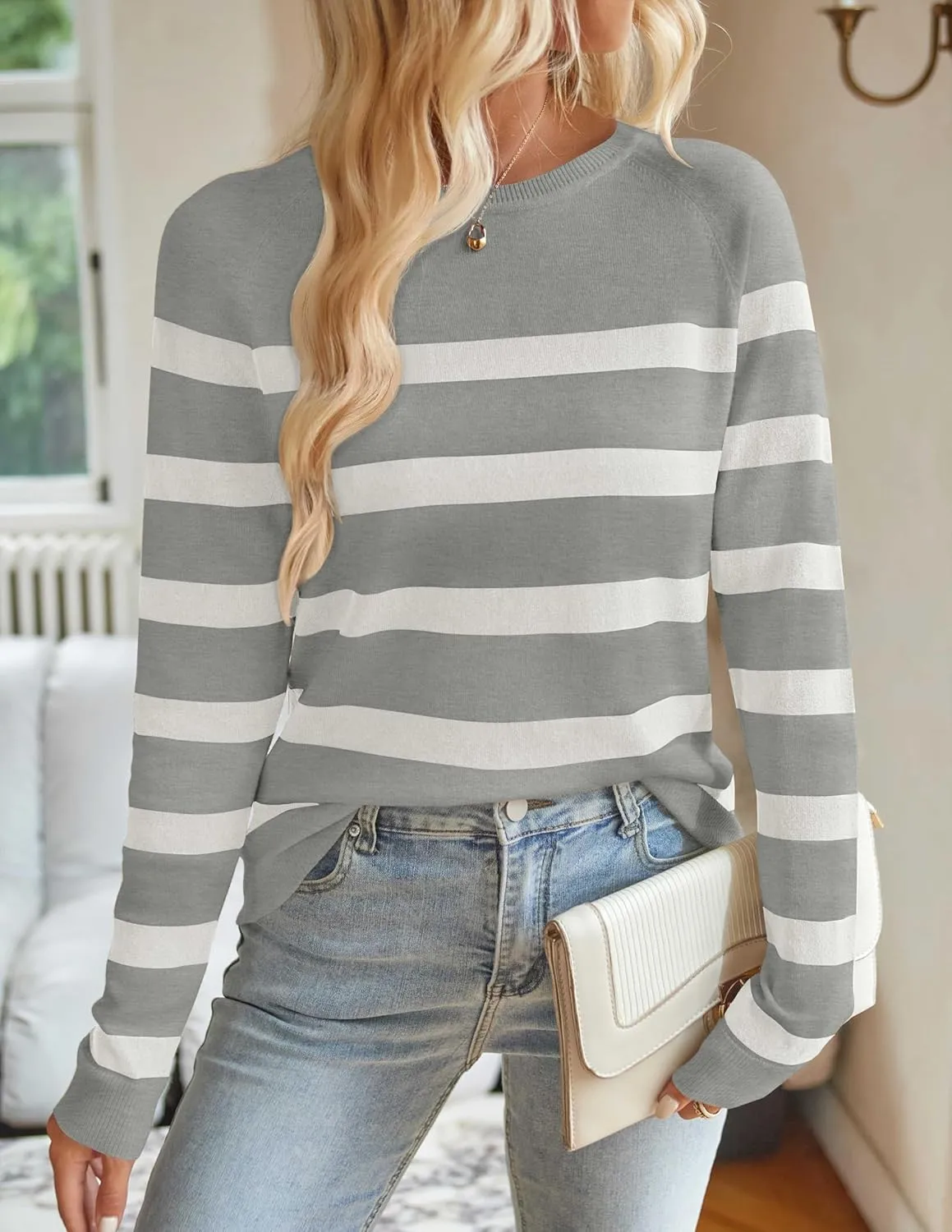 ZESICA Women's Long Sleeve Lightweight Striped Tops Fall Crewneck Ribbed Knit Shirts