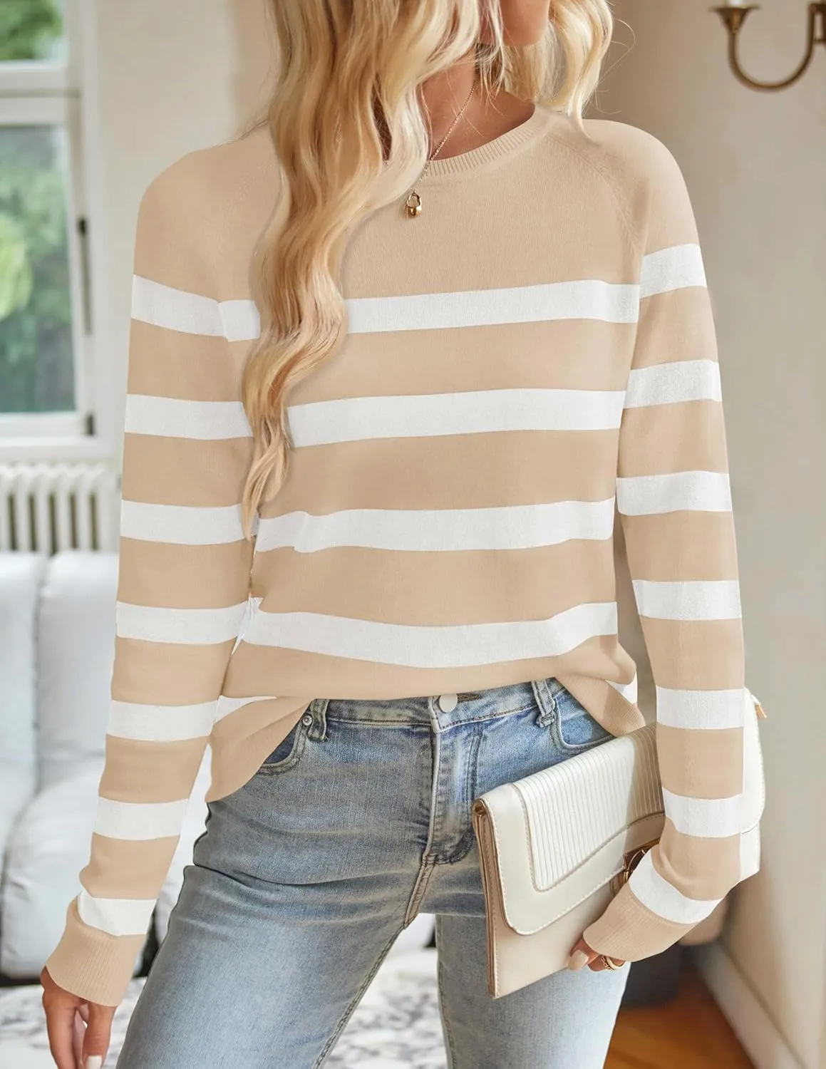 ZESICA Women's Long Sleeve Lightweight Striped Tops Fall Crewneck Ribbed Knit Shirts