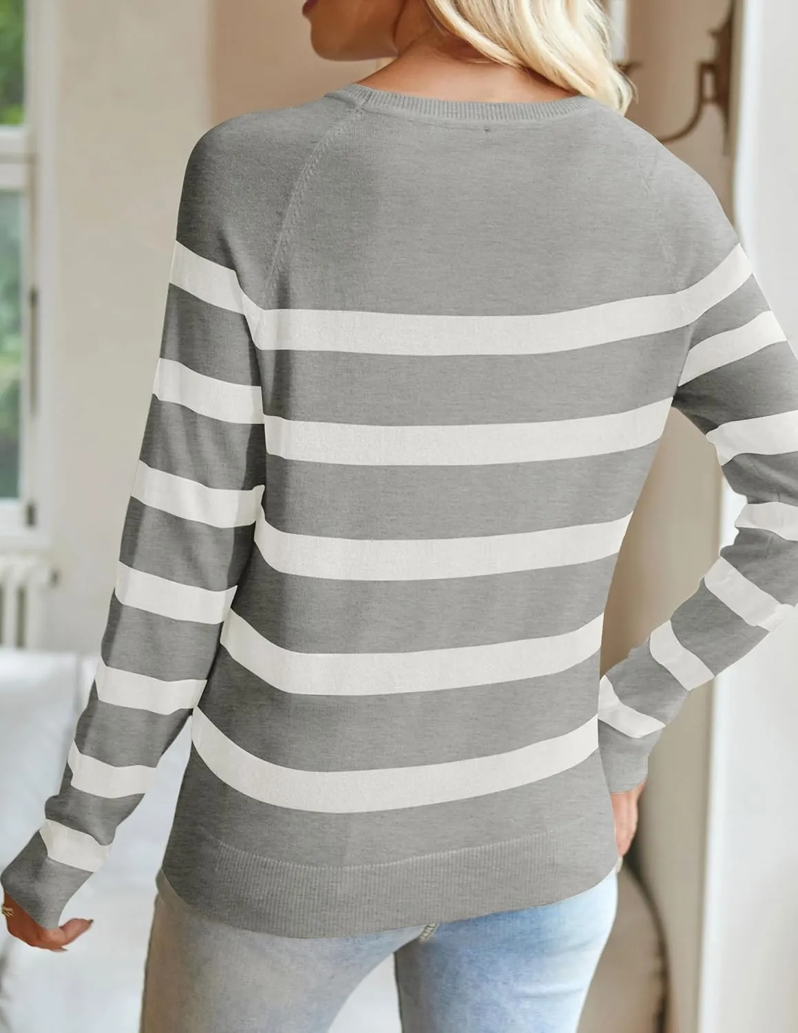ZESICA Women's Long Sleeve Lightweight Striped Tops Fall Crewneck Ribbed Knit Shirts
