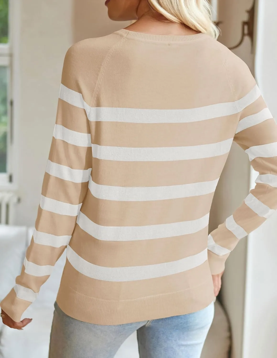ZESICA Women's Long Sleeve Lightweight Striped Tops Fall Crewneck Ribbed Knit Shirts