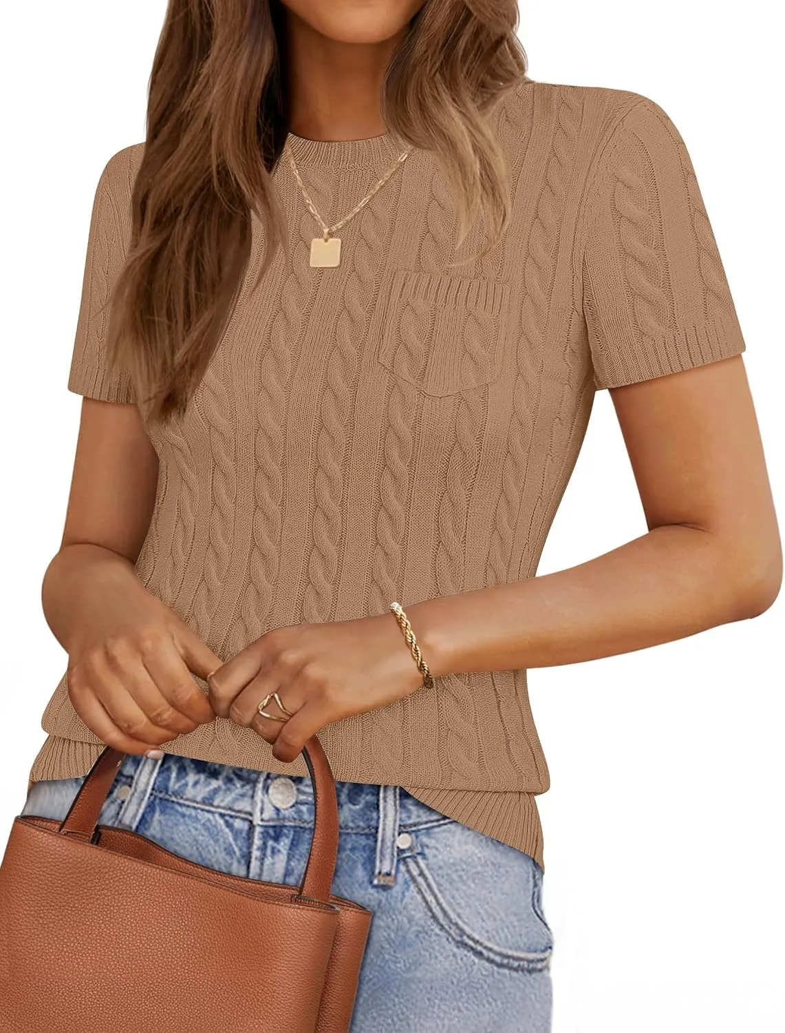 ZESICA Women's Trendy Short Sleeve Sweater Shirts Spring Summer Cable Knit Pullover Tops