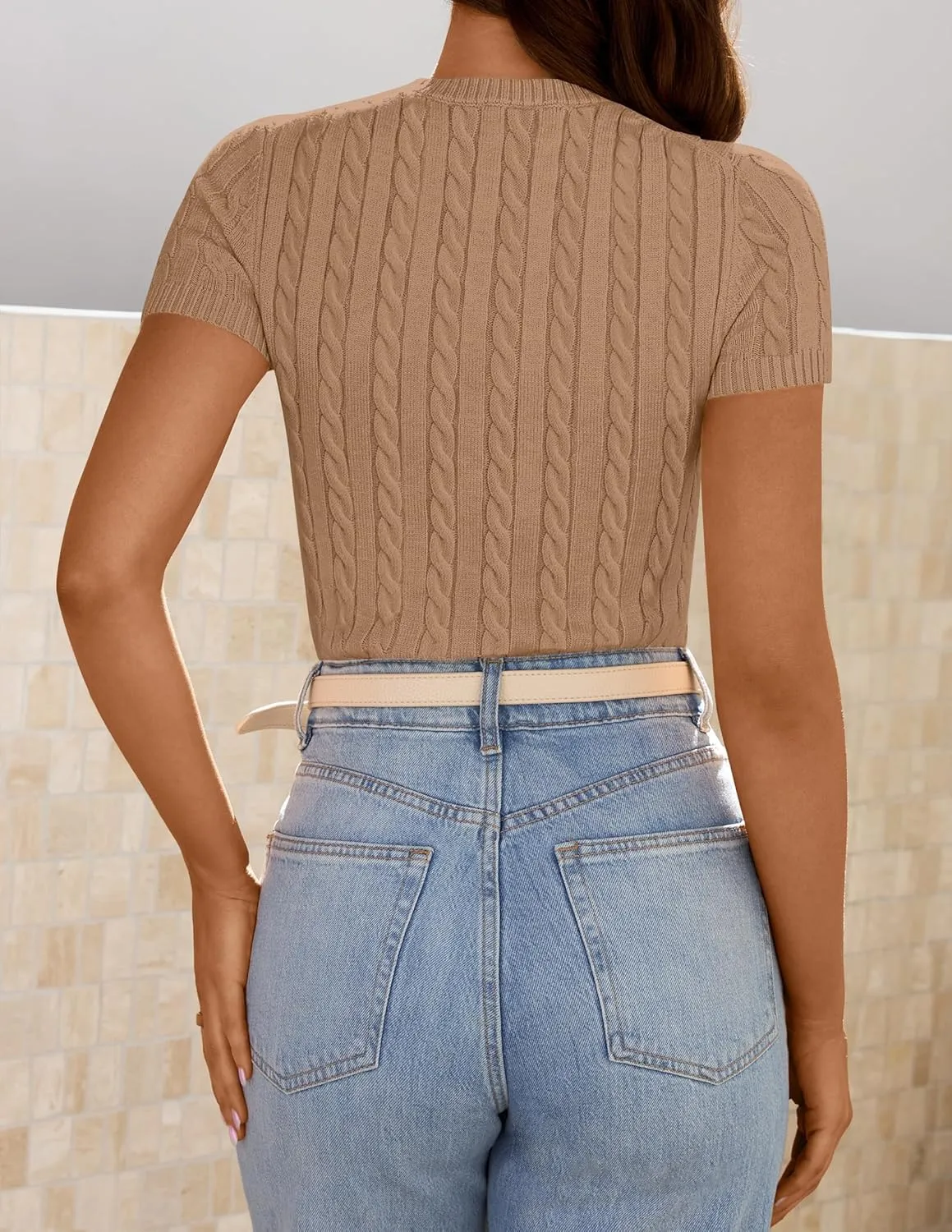 ZESICA Women's Trendy Short Sleeve Sweater Shirts Spring Summer Cable Knit Pullover Tops
