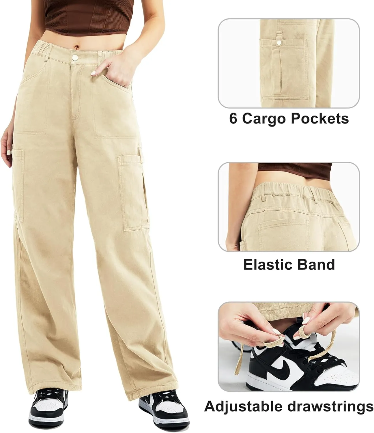 Znyeth Cargo Pants Women Cotton Wide Leg Casual Hiking Military Army Combat Work Pants with 8 Pockets