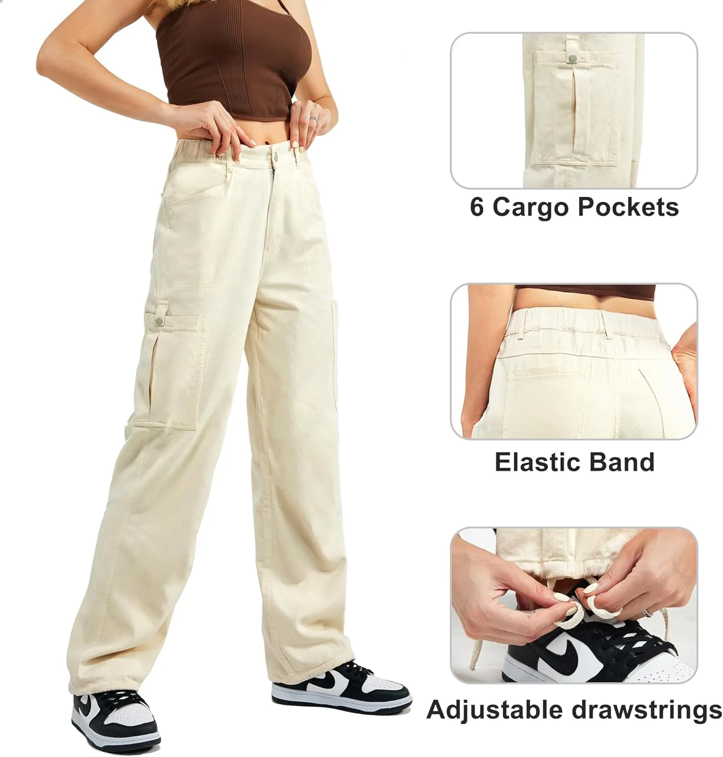 Znyeth Cargo Pants Women Cotton Wide Leg Casual Hiking Military Army Combat Work Pants with 8 Pockets
