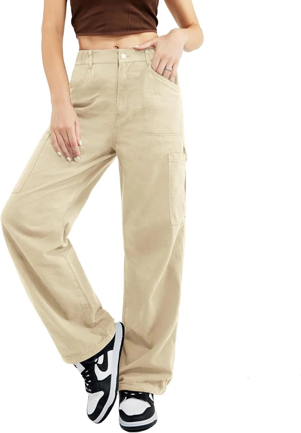 Znyeth Cargo Pants Women Cotton Wide Leg Casual Hiking Military Army Combat Work Pants with 8 Pockets