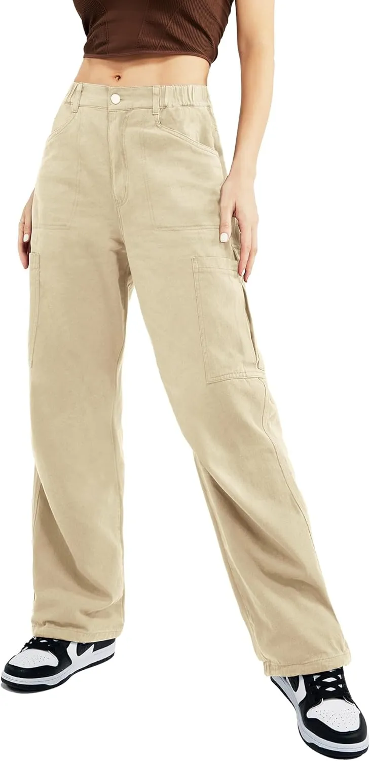 Znyeth Cargo Pants Women Cotton Wide Leg Casual Hiking Military Army Combat Work Pants with 8 Pockets