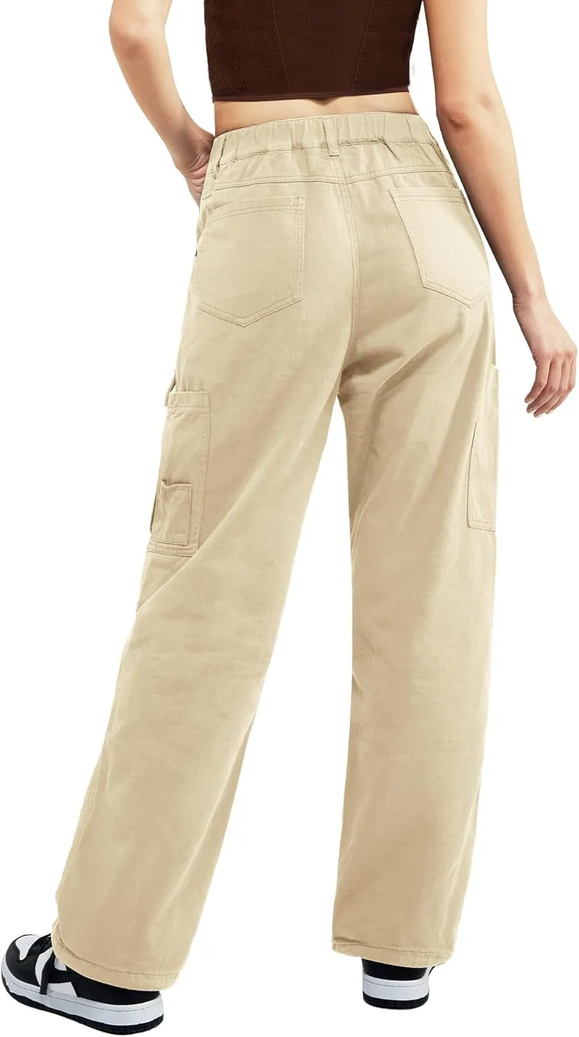 Znyeth Cargo Pants Women Cotton Wide Leg Casual Hiking Military Army Combat Work Pants with 8 Pockets