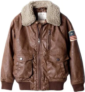 ZPW Kids PU Leather Flight Bomber Aviator Jacket with Removable Faux Fur Collar, Brown, 11-12Years
