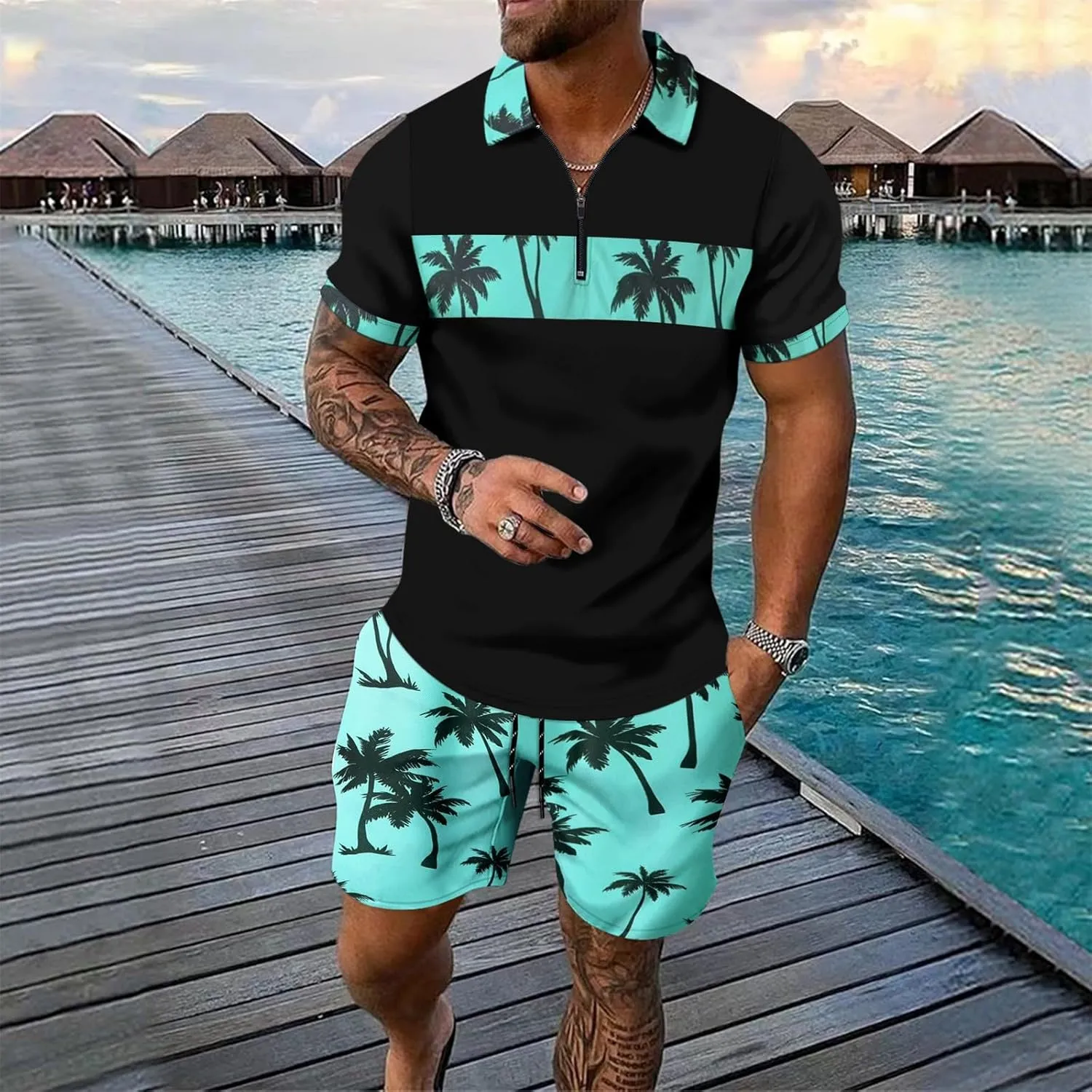 ZYXTIM Men's Hawaiian Tracksuit 2 Piece Sets Coconut Printed 1/4 Zipper Short Sleeve Henley Shirts Casual Shorts Sweatsuits